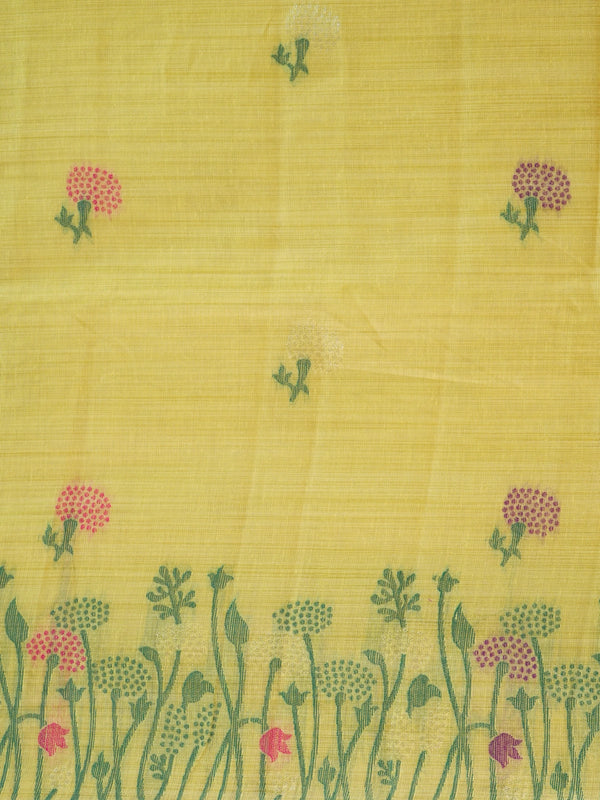 Yellow linen cotton saree with pink and purple floral motifs, floral meadow pallu and contrast green blouse