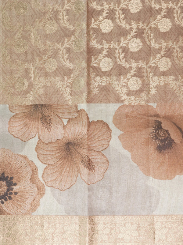 Beige and gold semi tussar saree with woven zari floral jaal and floral print pallu