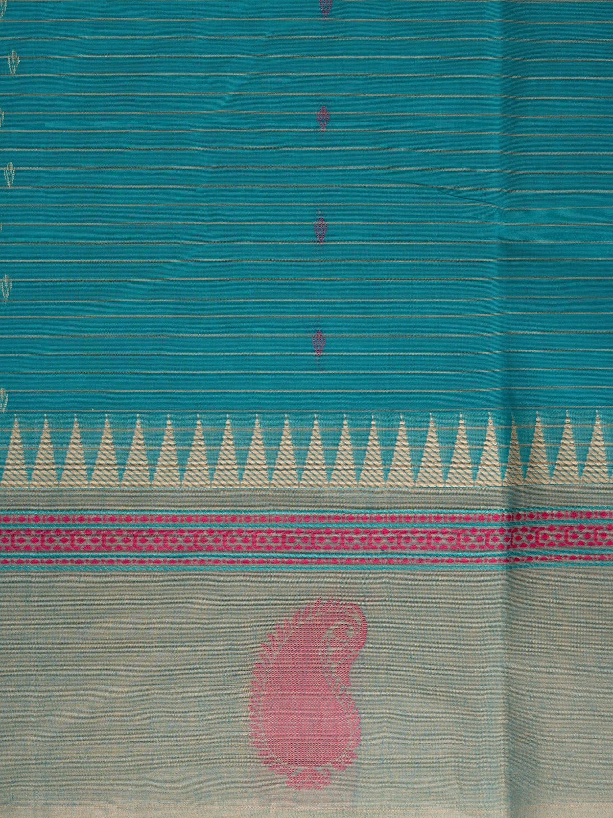 Teal green linen cotton saree with gold zari stripes, pink buti motifs and contrast grey temple border