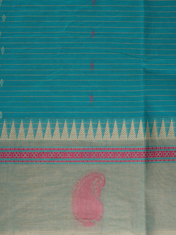Teal green linen cotton saree with gold zari stripes, pink buti motifs and contrast grey temple border