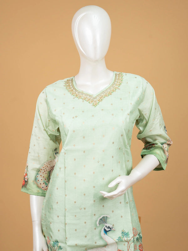 Pista green peacock print Chanderi silk straight cut kurti set with embellished neckline and printed dupatta