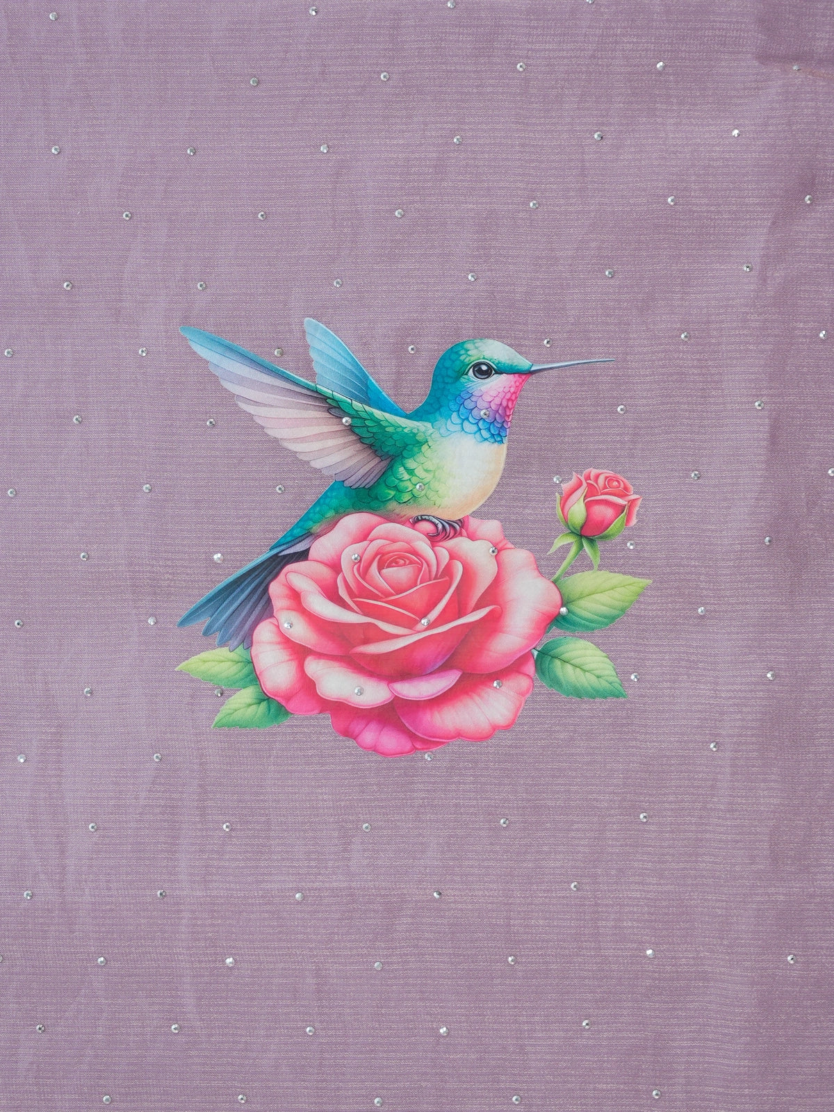 Lilac organza designer saree with hummingbird-and-rose print, silver stone scalloped border and contrast plum blouse