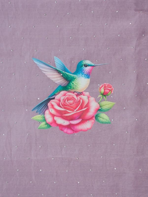 Lilac organza designer saree with hummingbird-and-rose print, silver stone scalloped border and contrast plum blouse