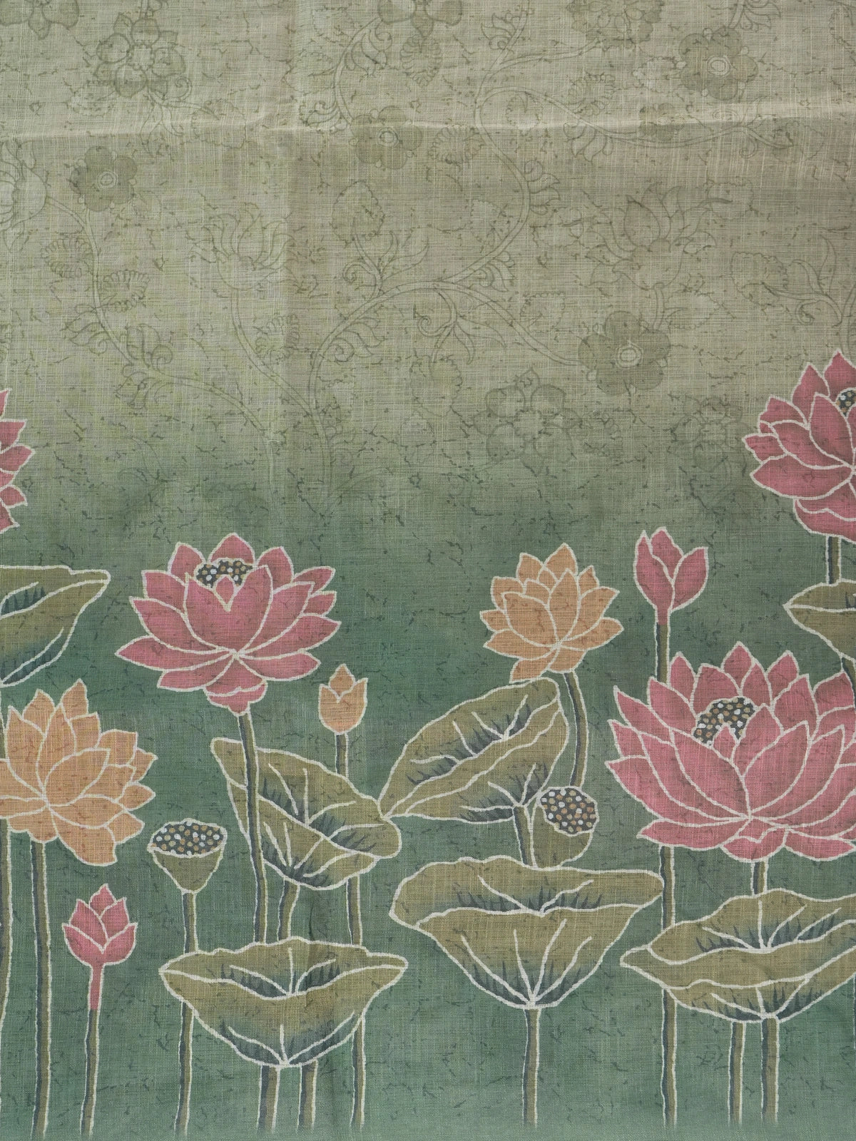 Beige and sage green linen cotton saree with silver zari border and pink lotus print pallu