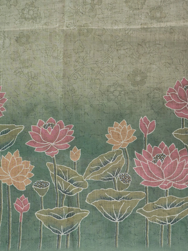 Beige and sage green linen cotton saree with silver zari border and pink lotus print pallu