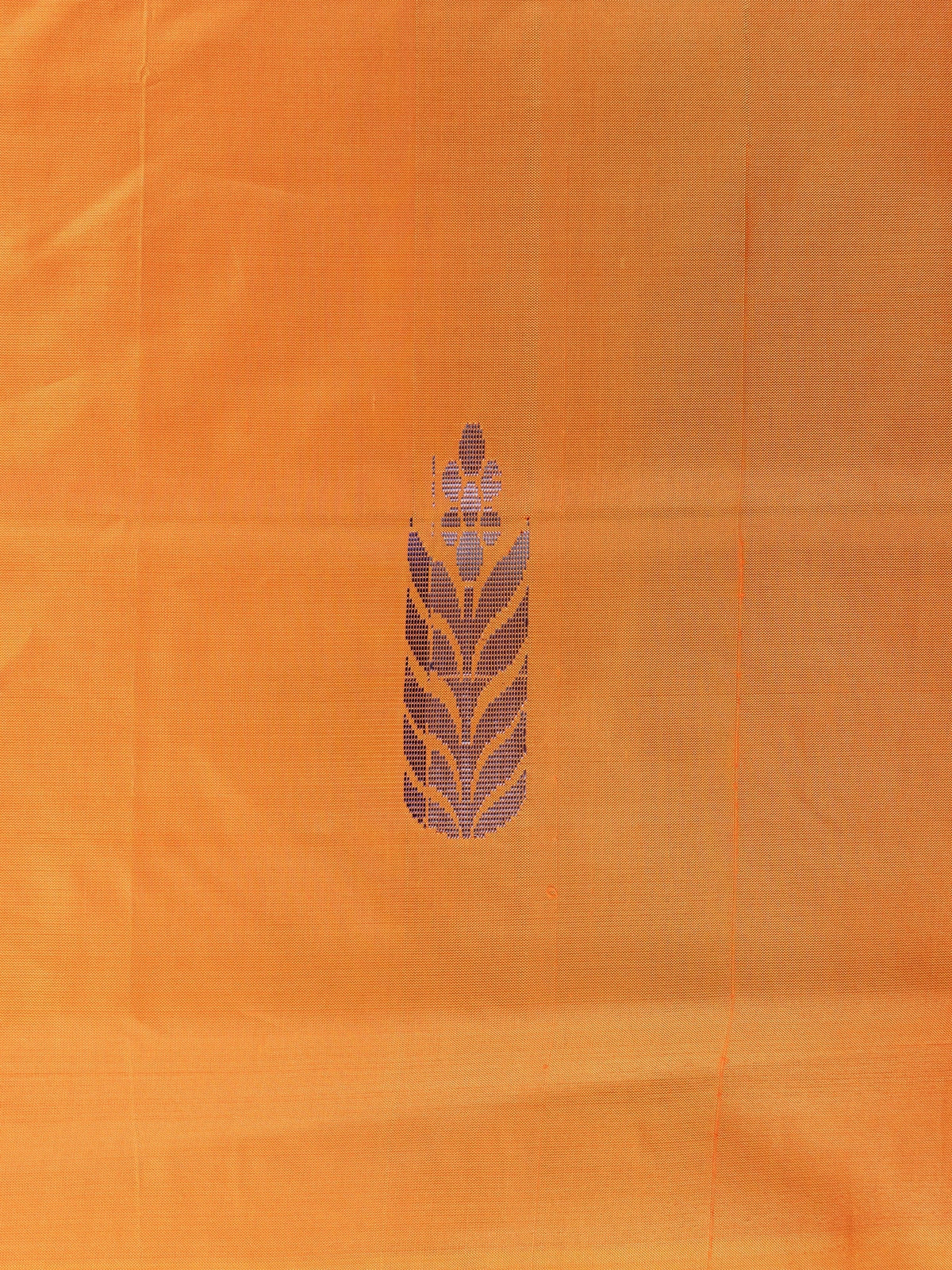 Orange banana silk saree with contrast blue pallu, woven buta motifs and silver zari leaf border