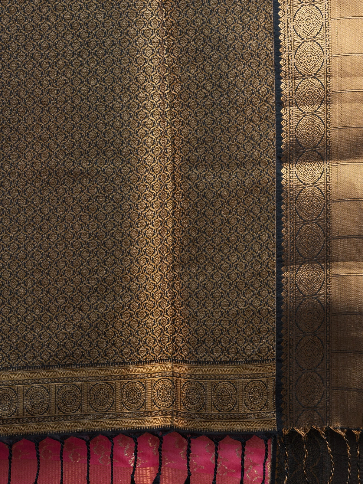 Pink Kanchipuram fancy silk saree with contrast black and gold zari border and pallu