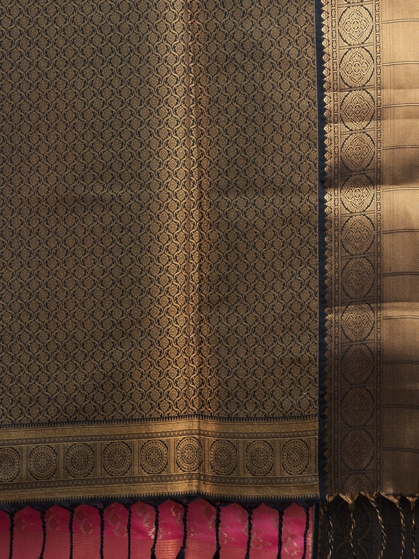 Pink Kanchipuram fancy silk saree with contrast black and gold zari border and pallu