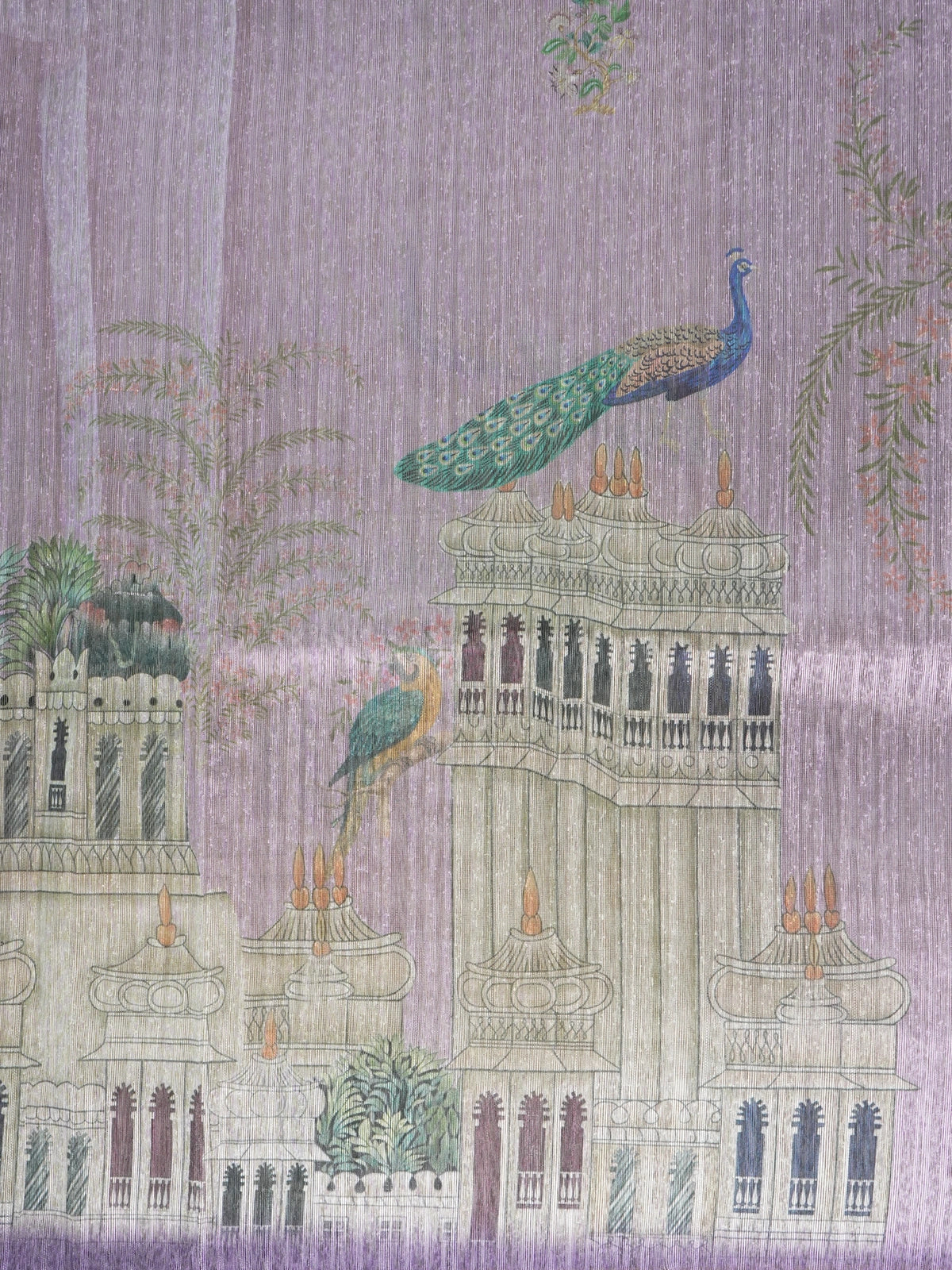 Lavender semi tussar saree with purple gold zari border and peacock and palace printed pallu