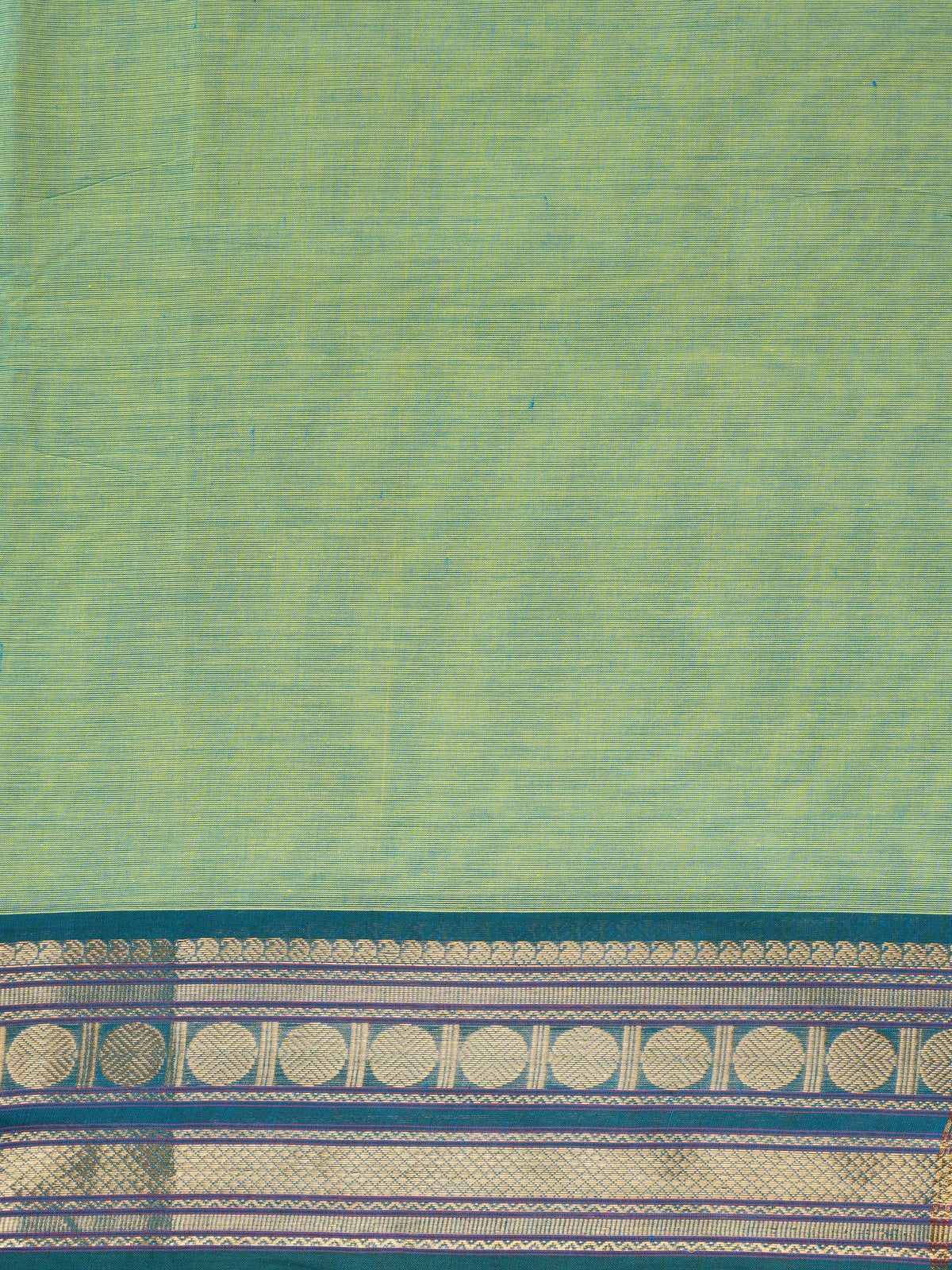 Green Chettinad cotton saree with contrast teal blue gold zari border and zari pallu