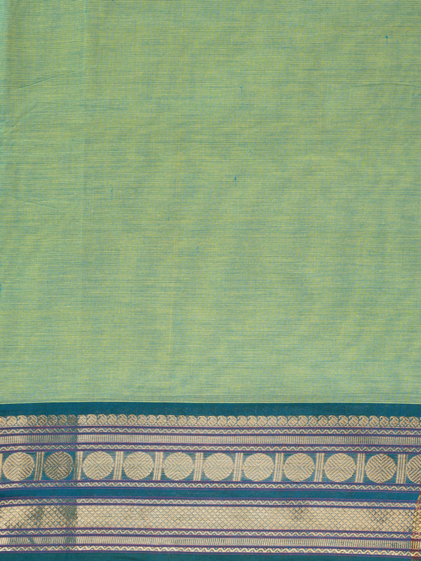 Green Chettinad cotton saree with contrast teal blue gold zari border and zari pallu