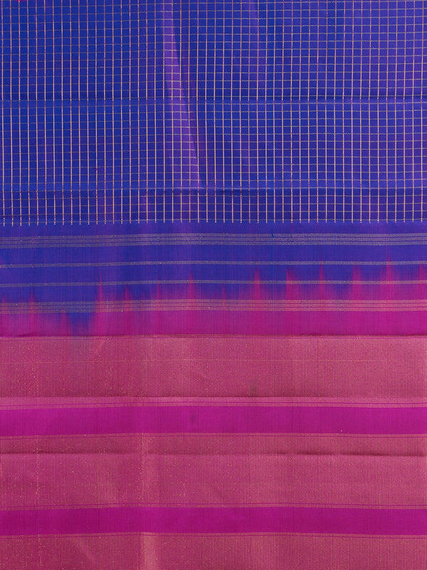 Royal blue pure Kanchipuram silk saree with gold zari checks and contrast magenta pink zari border