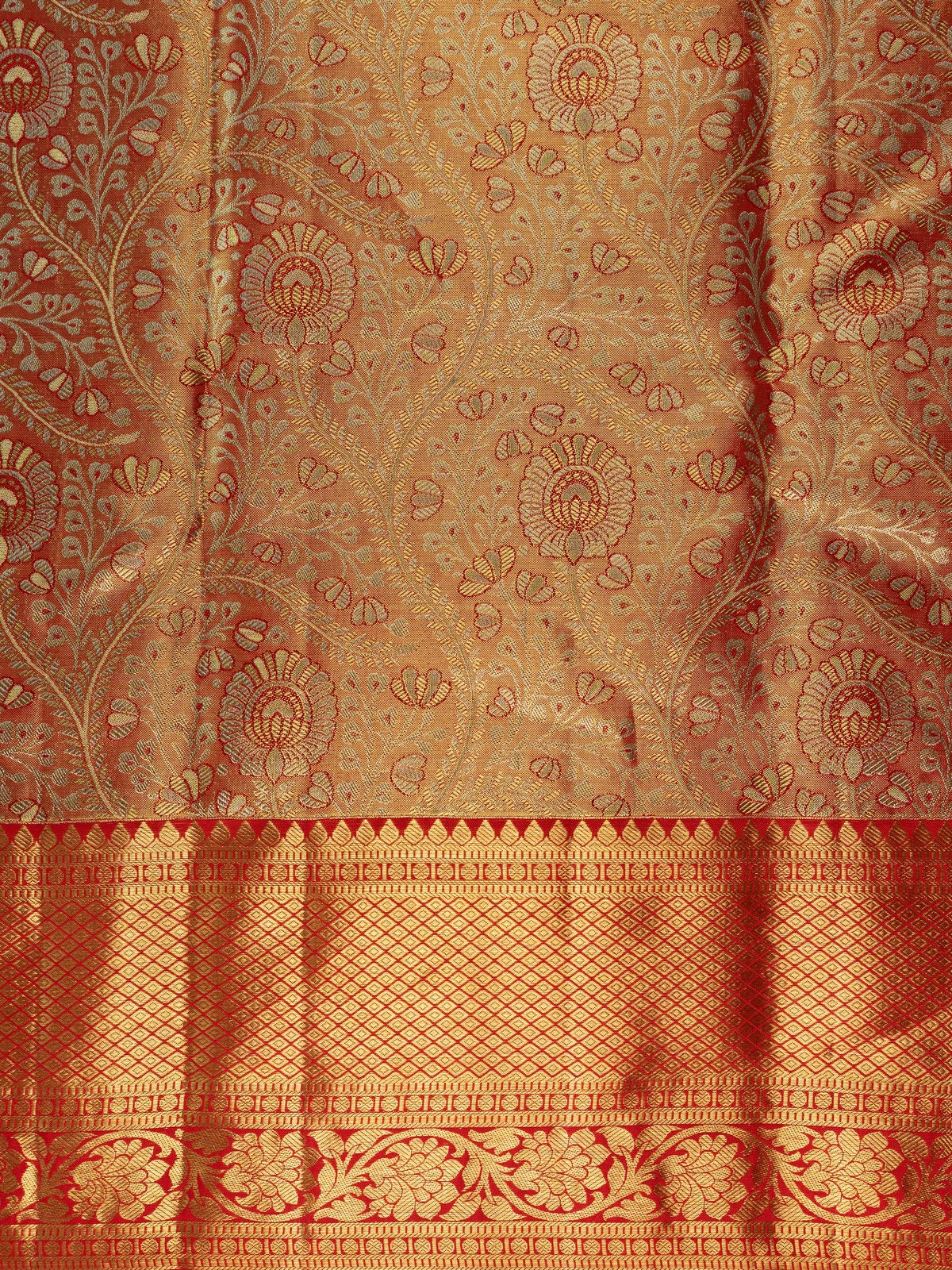 Orange-gold pure Kanchipuram silk saree with gold zari floral jaal body and contrast red zari border
