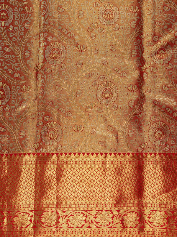 Orange-gold pure Kanchipuram silk saree with gold zari floral jaal body and contrast red zari border