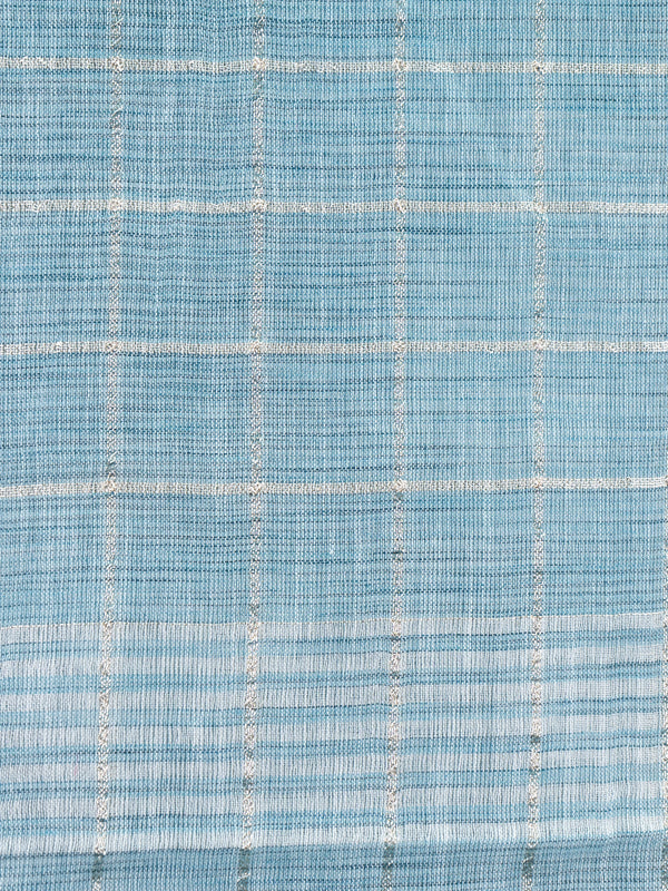 Sky blue linen cotton saree with white and silver zari checked weave and striped pallu