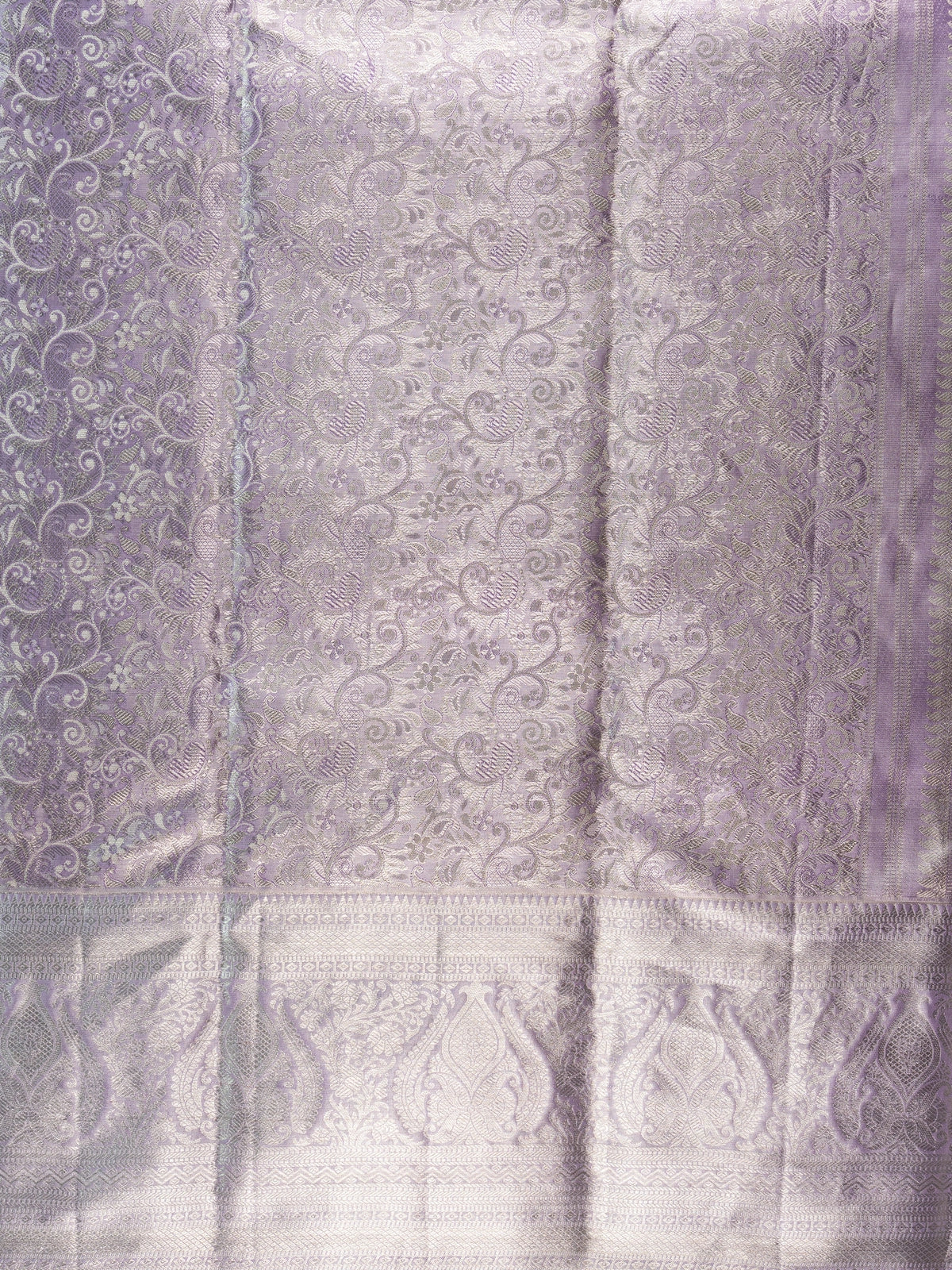 Lavender pure Kanchipuram silk saree with allover silver zari brocade and broad zari border