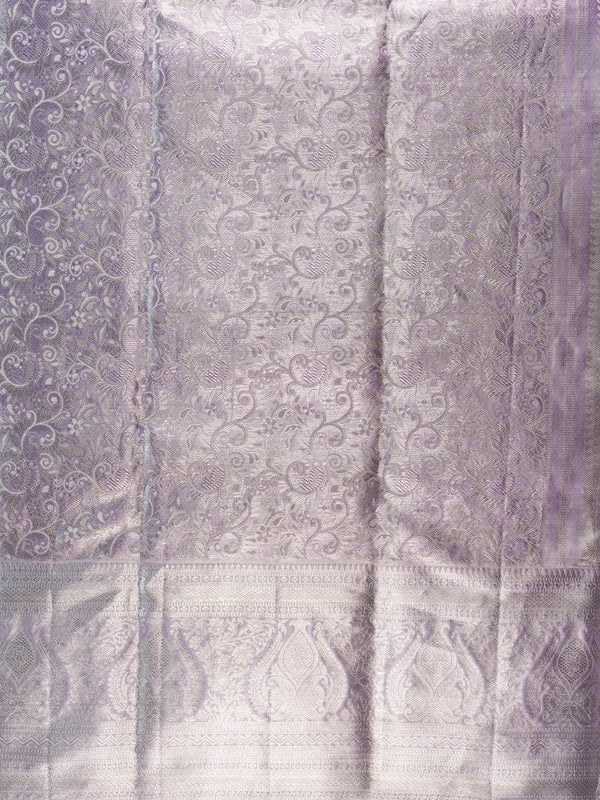 Lavender pure Kanchipuram silk saree with allover silver zari brocade and broad zari border