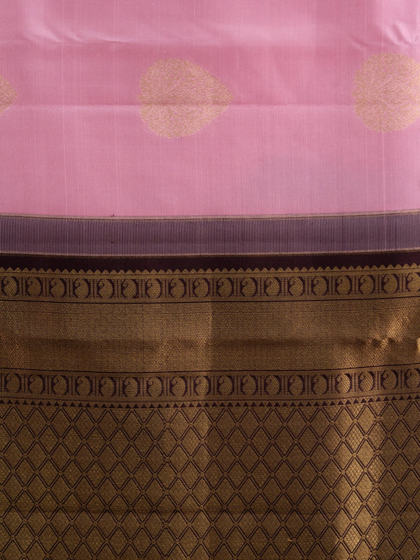 Pink pure Kanchipuram silk saree with contrast dark brown border and gold zari buti motifs