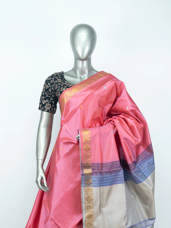 Rose pink Banana silk saree with cream lavender-striped pallu and gold zari border