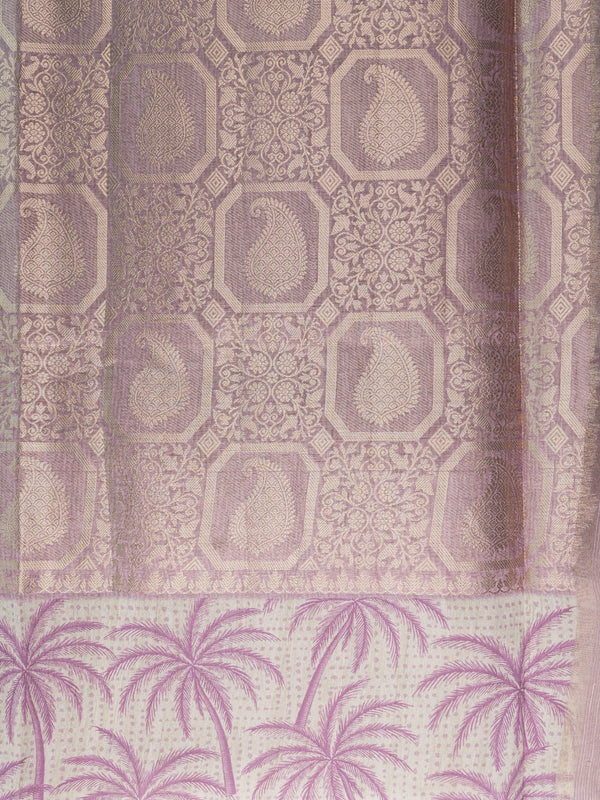 Mauve designer tissue saree with gold zari paisley weave and palm-tree print border