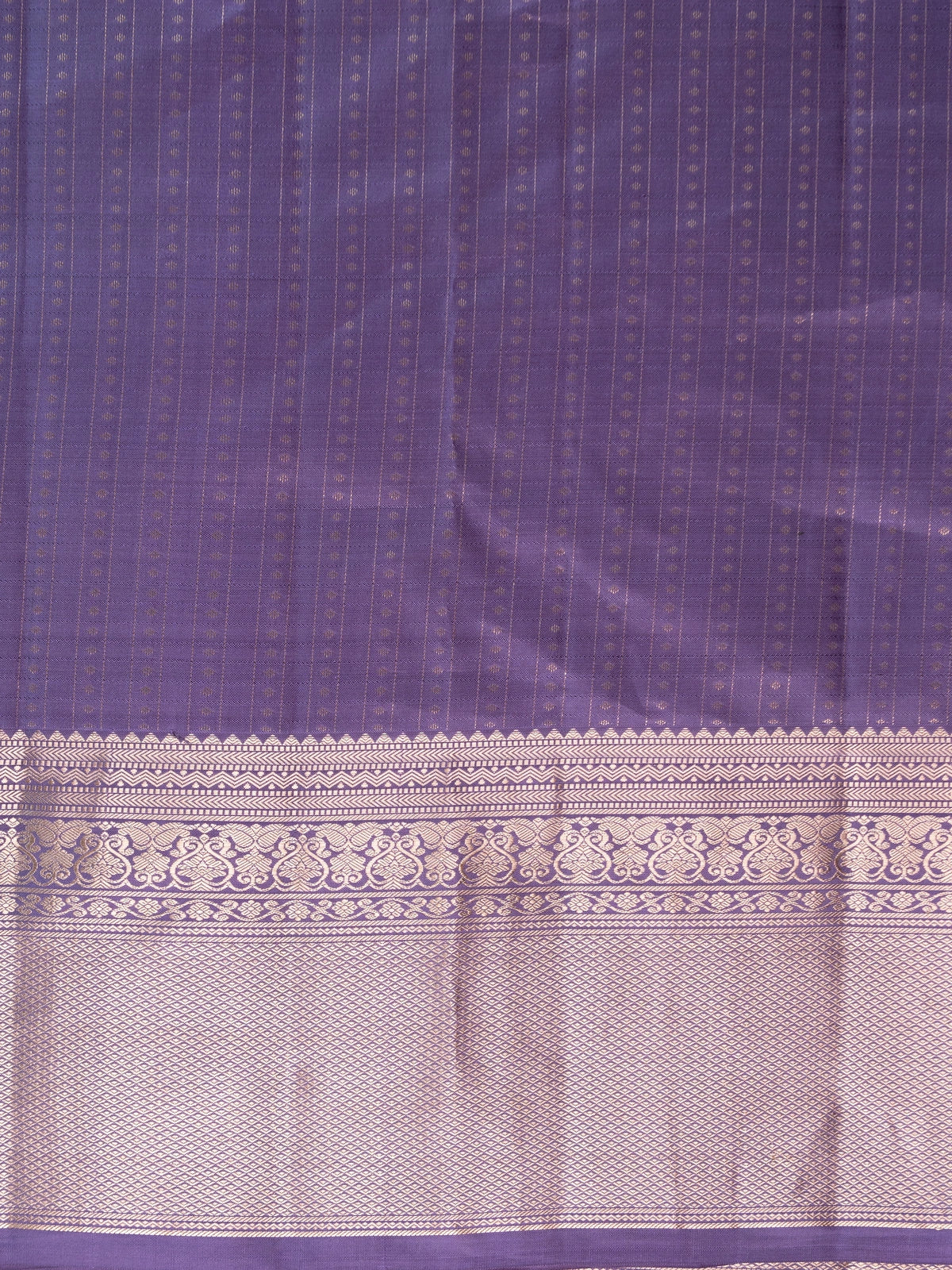 Purple and gold pure Kanchipuram silk saree with zari stripes, contrast border and ornate zari pallu