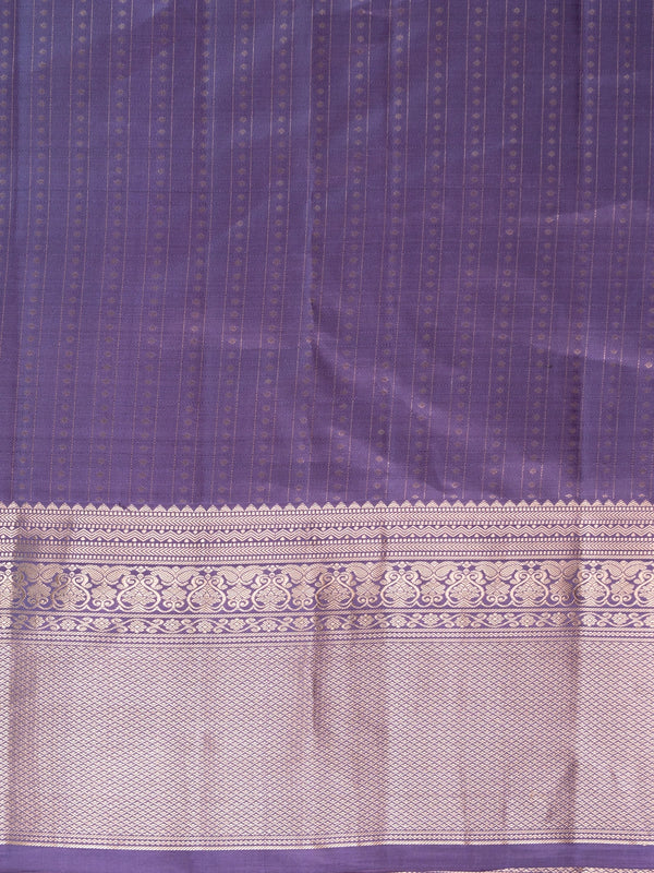 Purple and gold pure Kanchipuram silk saree with zari stripes, contrast border and ornate zari pallu