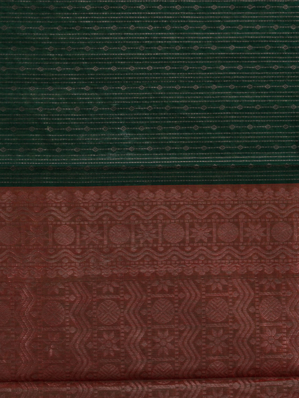 Dark green silk cotton saree with contrast maroon zari border and woven pallu