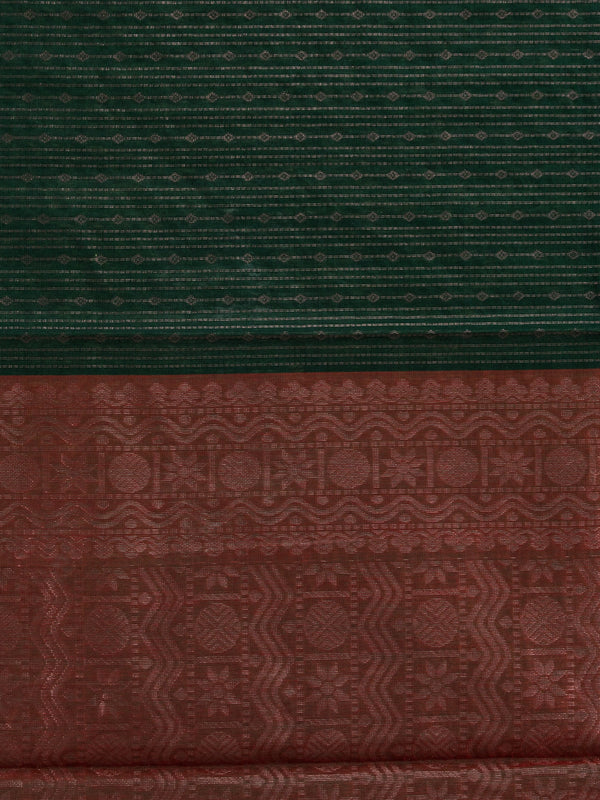 Dark green silk cotton saree with contrast maroon zari border and woven pallu