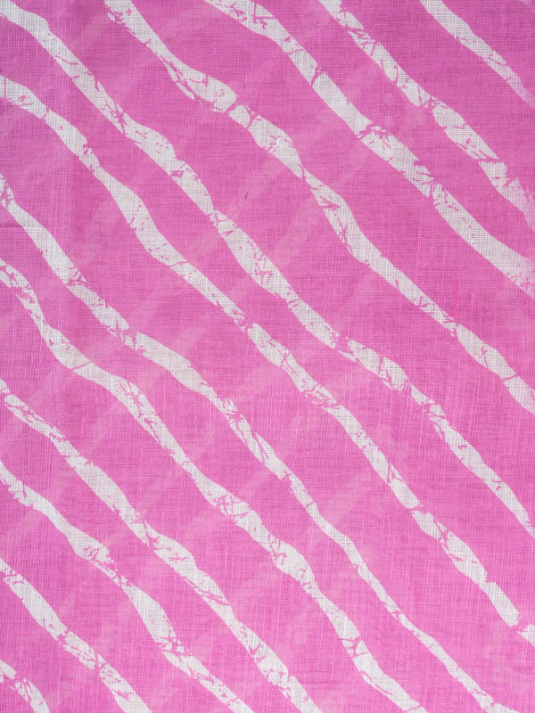 Pink and white leheriya linen cotton saree with batik floral pallu and gold zari border
