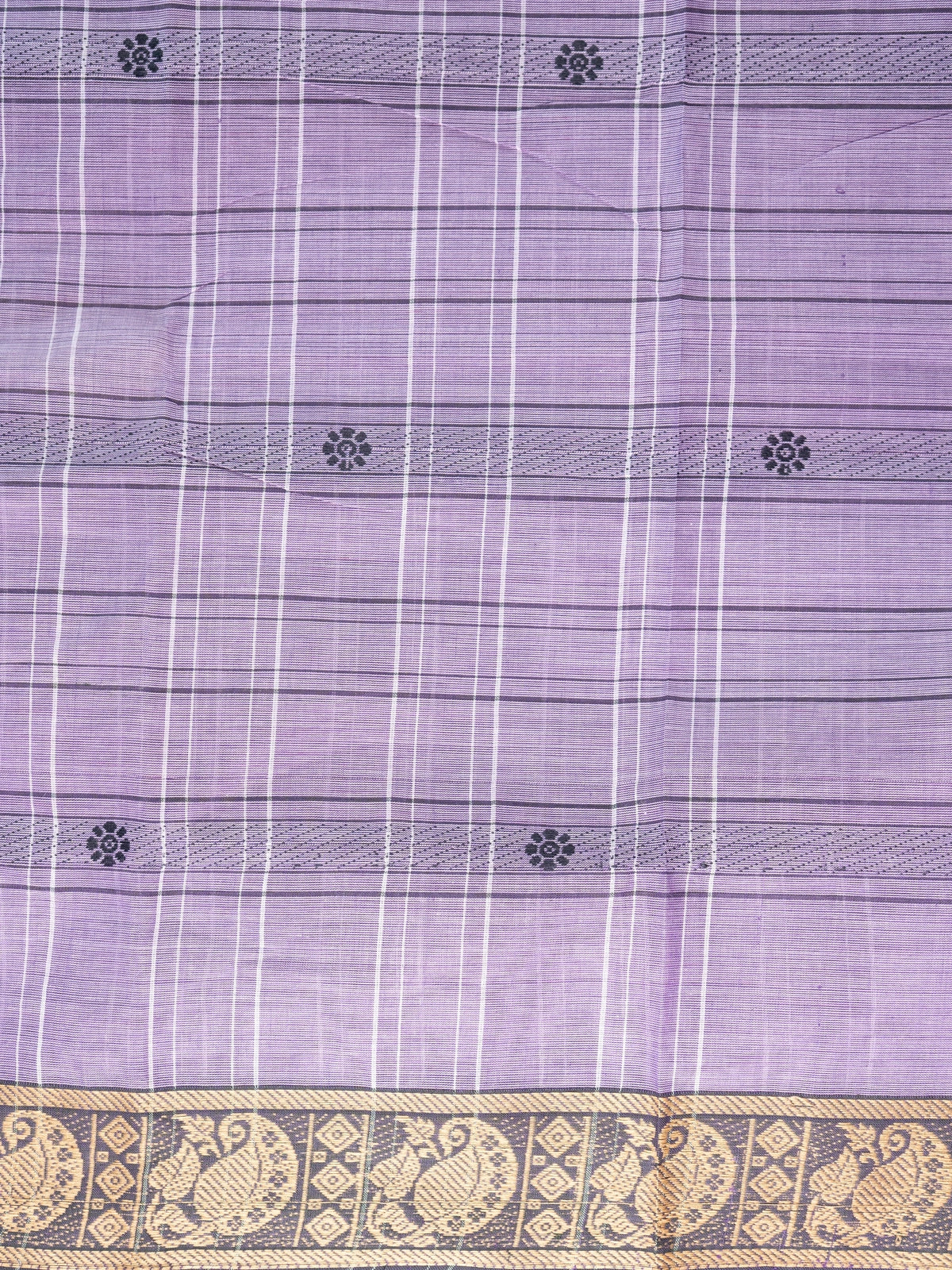 Lavender Chettinad cotton saree with black and gold zari peacock border and pink striped pallu