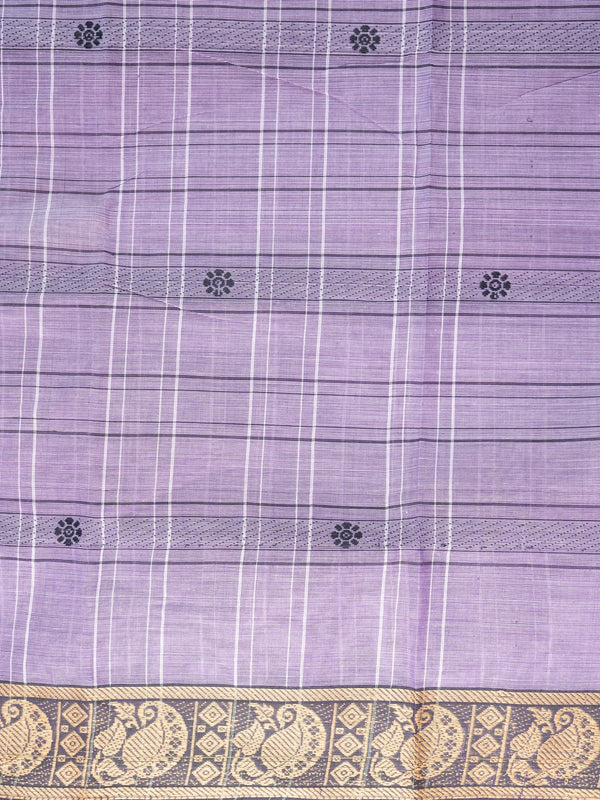 Lavender Chettinad cotton saree with black and gold zari peacock border and pink striped pallu