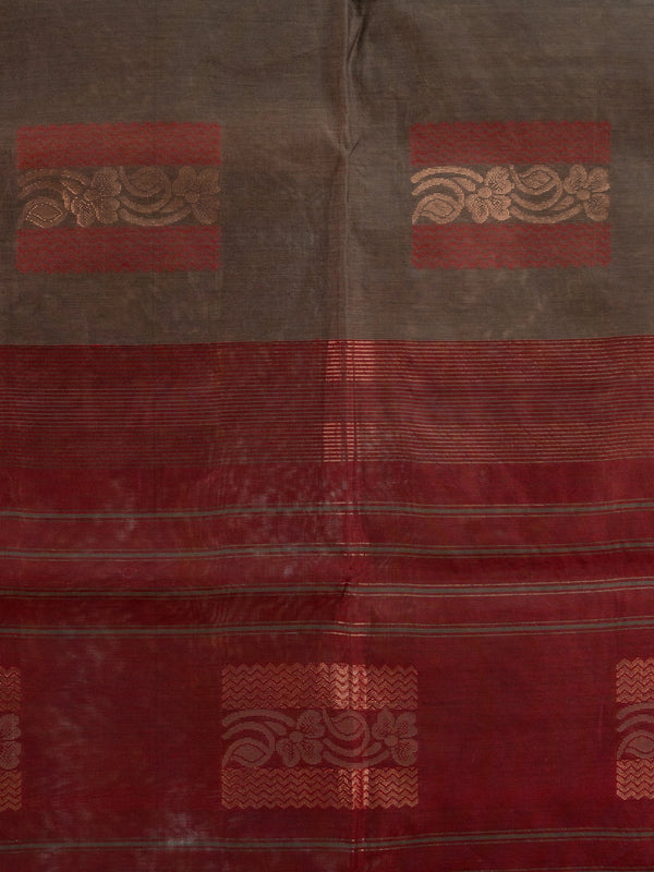 Brown silk cotton saree with contrast maroon border and copper zari butta motifs