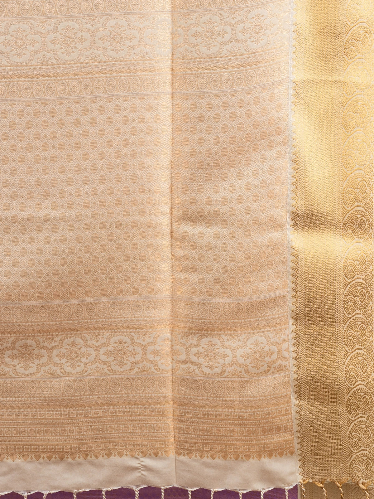 Lavender purple Kanchipuram fancy silk saree with contrast cream-gold zari border and woven pallu