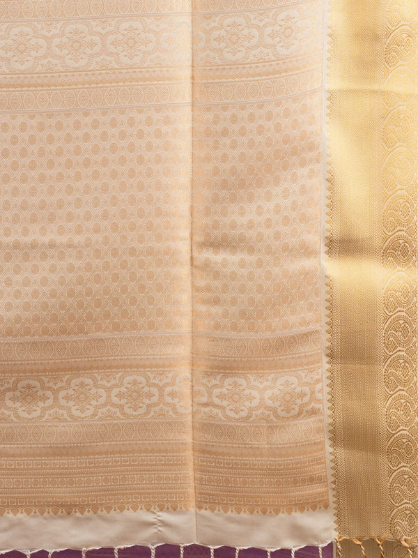 Lavender purple Kanchipuram fancy silk saree with contrast cream-gold zari border and woven pallu
