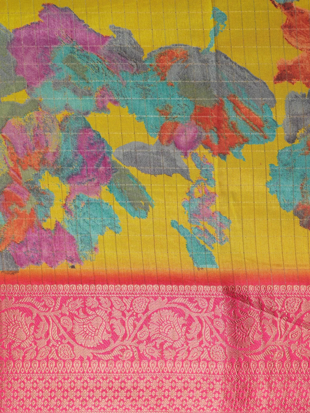 Yellow Dola silk saree with multicoloured floral print and contrast pink zari border