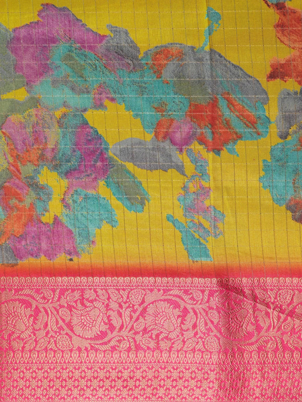 Yellow Dola silk saree with multicoloured floral print and contrast pink zari border