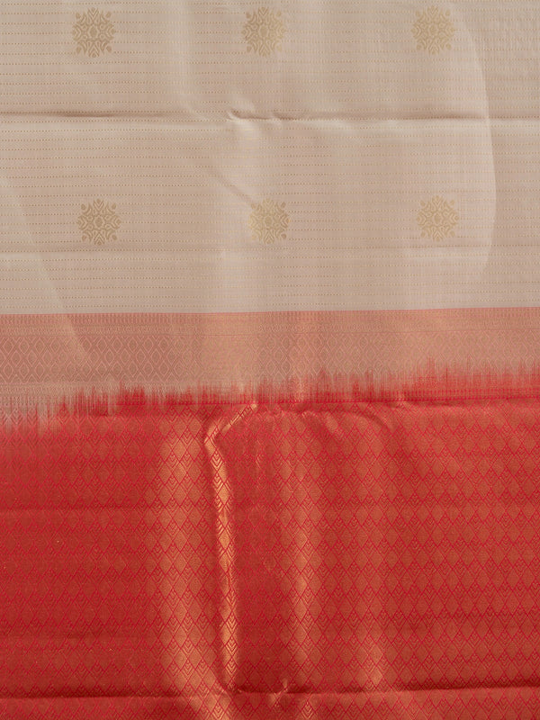 Cream and red pure Kanchipuram silk saree with gold zari border and buttas