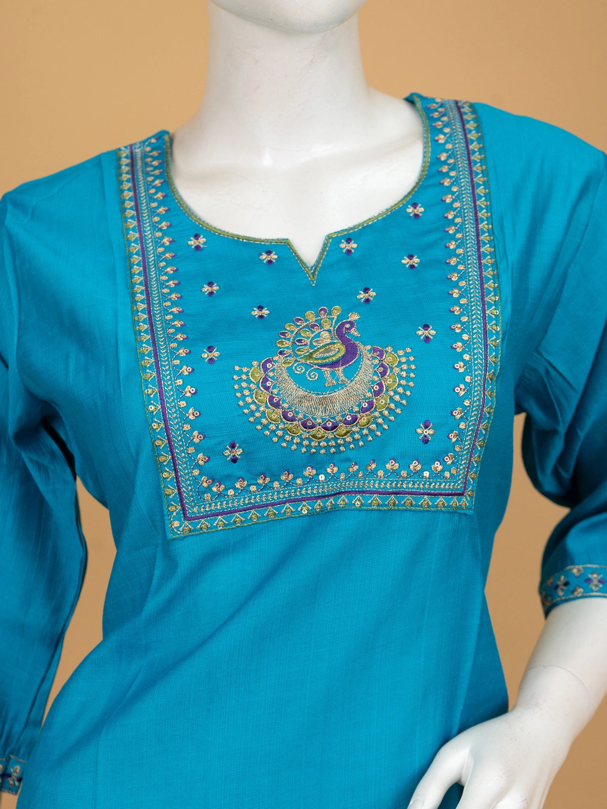 Teal Blue peacock embroidered cotton silk Anarkali kurti top with zari and sequin yoke work