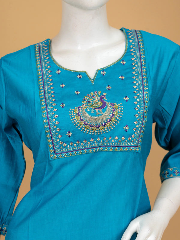 Teal Blue peacock embroidered cotton silk Anarkali kurti top with zari and sequin yoke work