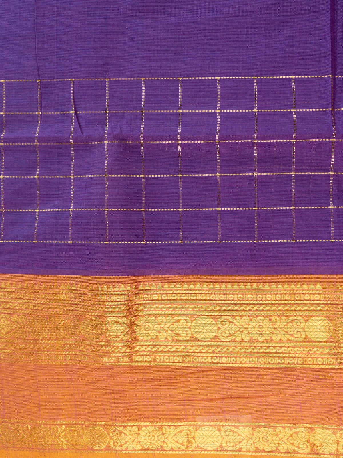 Purple Chettinad cotton saree with gold zari checks and contrast mustard zari border