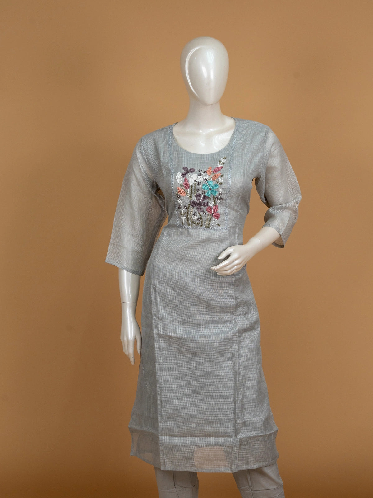 Grey floral beadwork Kota straight cut kurti set with pants and embroidered dupatta