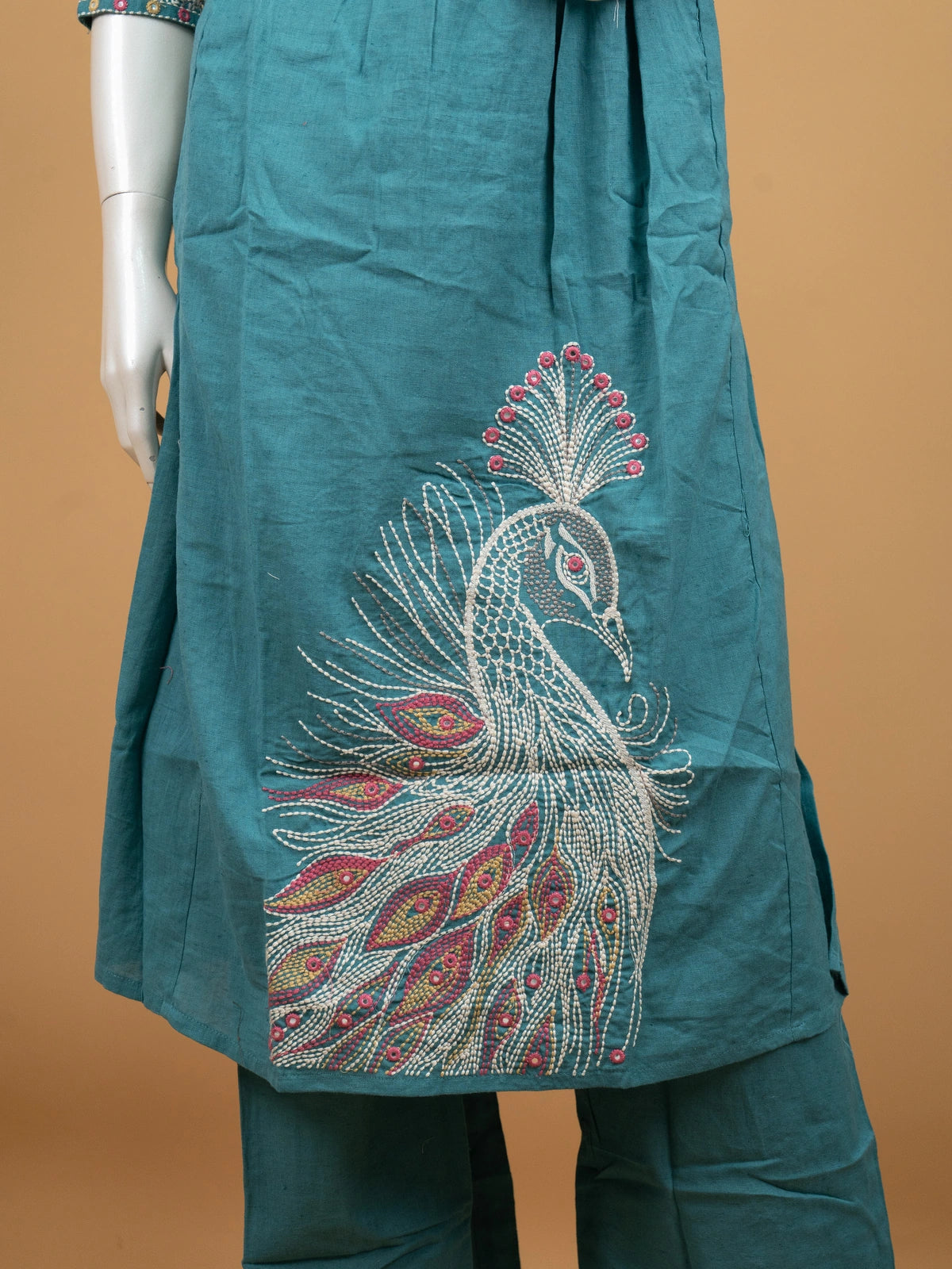 Teal cotton straight cut kurti set with peacock Kantha embroidery and matching pants