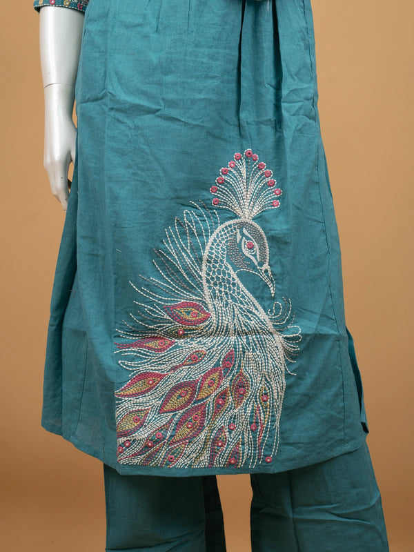 Teal cotton straight cut kurti set with peacock Kantha embroidery and matching pants
