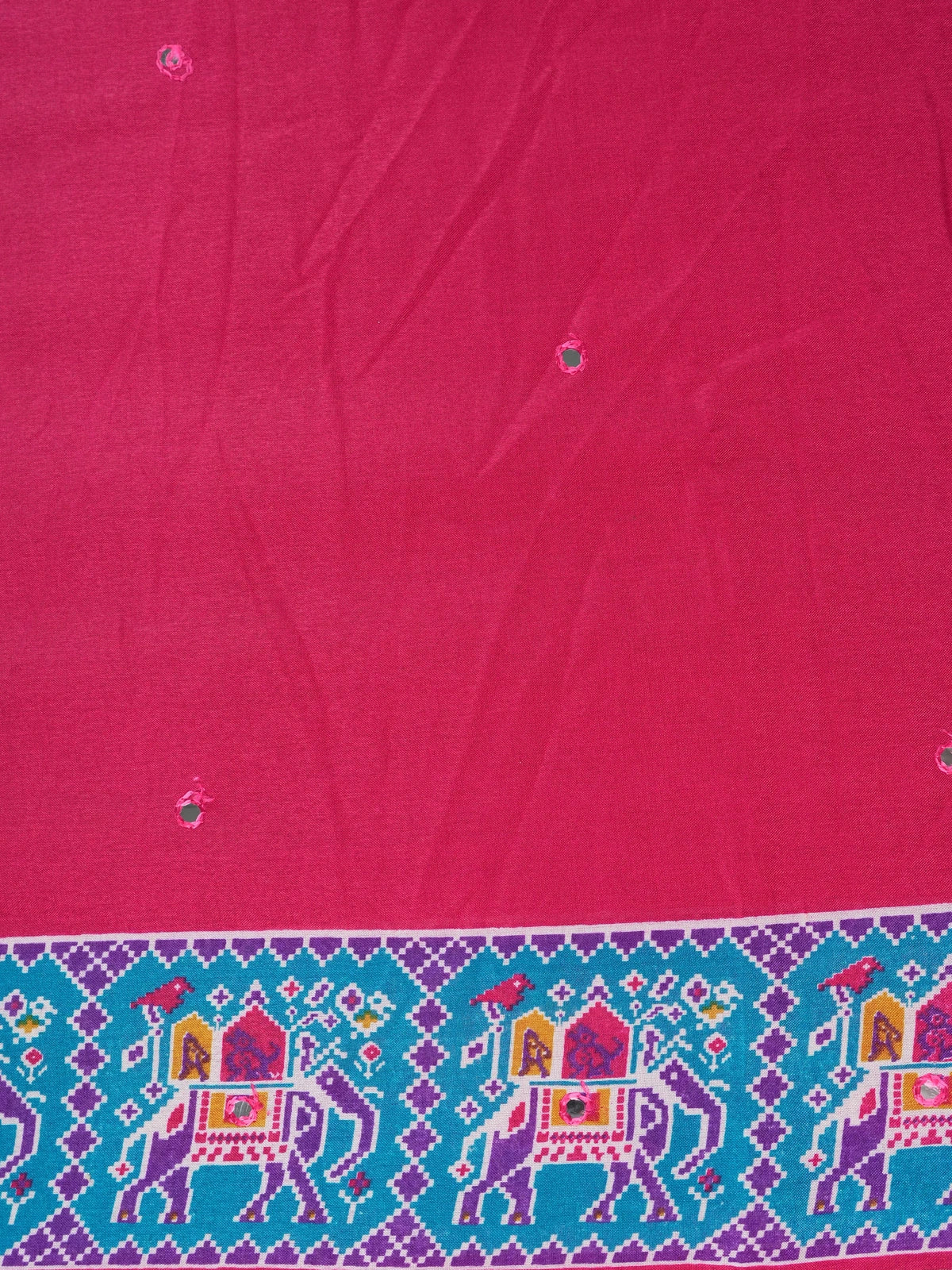 Rani pink linen cotton saree with teal and purple patola elephant border and mirror-work body