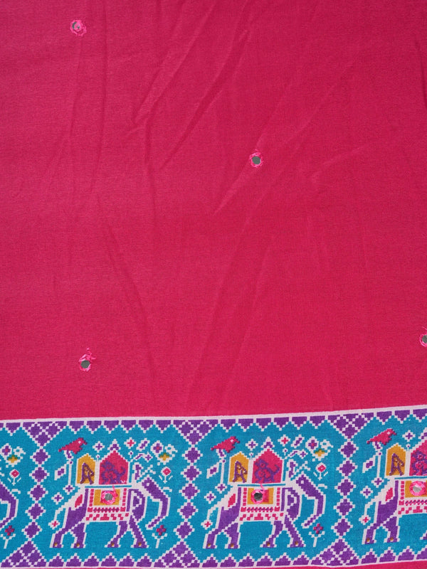Rani pink linen cotton saree with teal and purple patola elephant border and mirror-work body