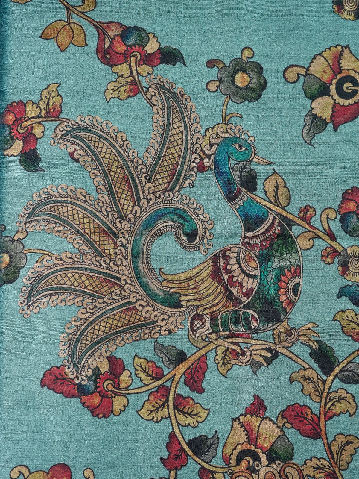 Teal blue semi tussar saree with Kalamkari floral and peacock print and gold zari border
