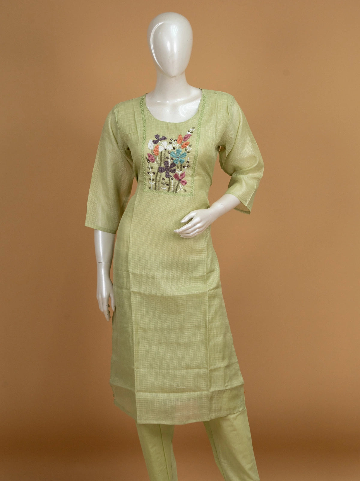 Pista green kota straight cut kurti set with multicolour floral beadwork and embroidered dupatta