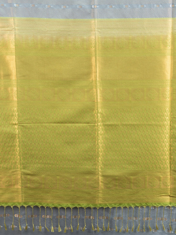 Grey Kanchipuram fancy silk saree with lime green and gold contrast zari border and buttas