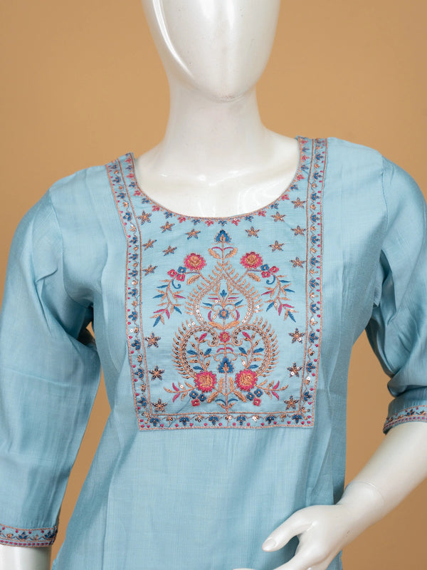 Sky Blue floral embroidered cotton silk straight cut kurti top