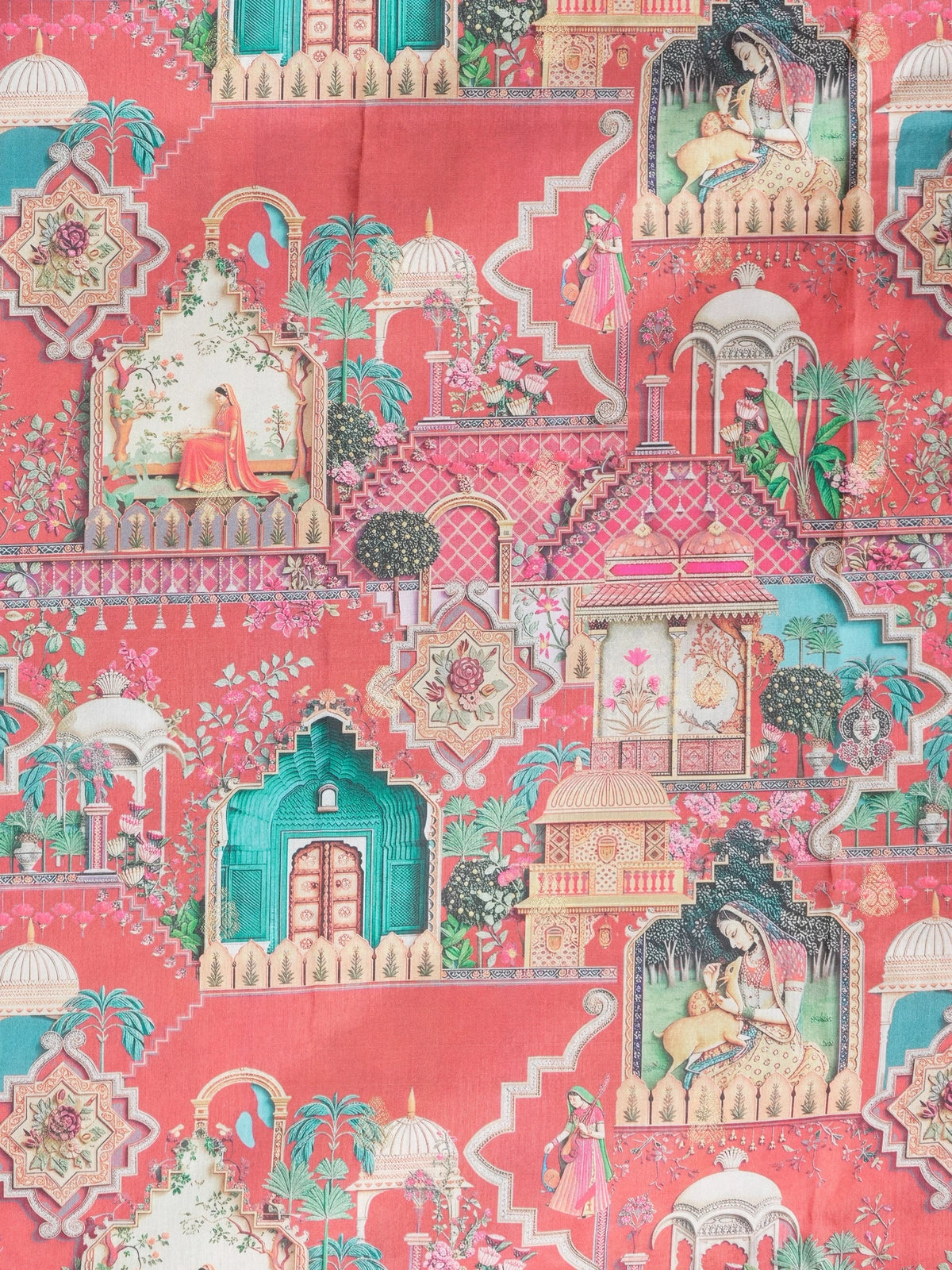 Coral pink Dola silk saree with Mughal-inspired multicolour print and gold zari border